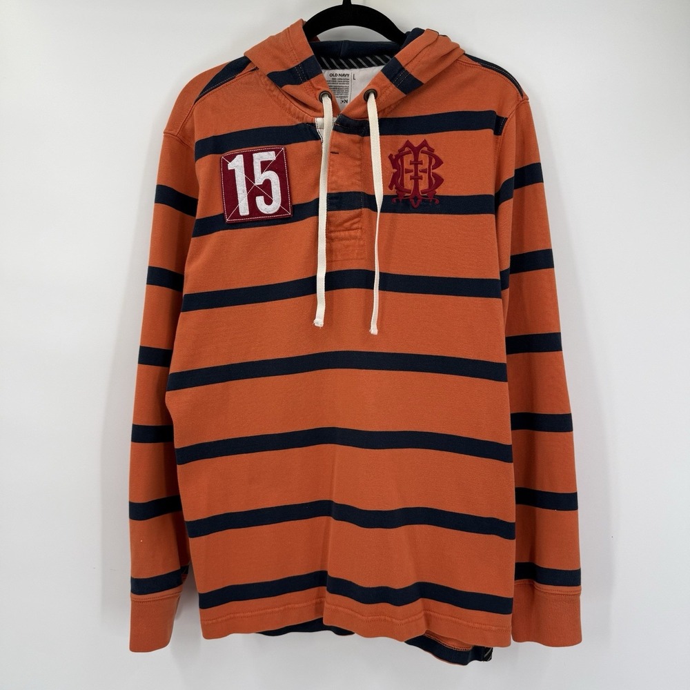 Old Navy Men's Large Striped Rugby Shirt Long Sleeve Y2K Orange 15 Crest Logo